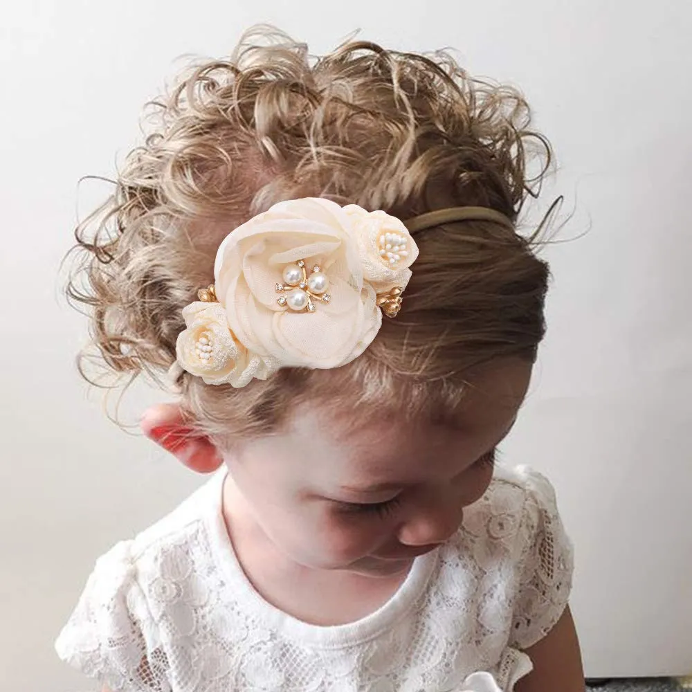 cherrboll 3pcs Baby Girl Flower Headbands, Super Soft & Stretchy Nylon Floral Hairbands for Newborn Toddler