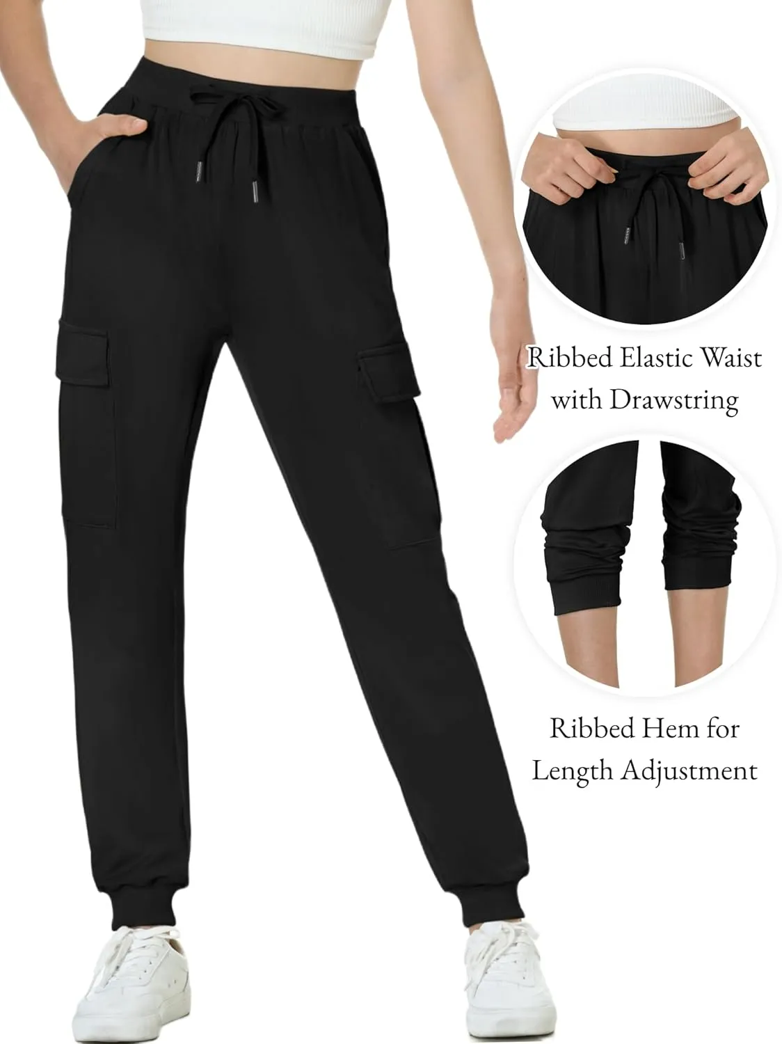 EXARUS Girls Cargo Pants Joggers Slim Fit with Zip Pockets Kids Quick Dry Lightweight Drawstring High Waisted 8-14Y