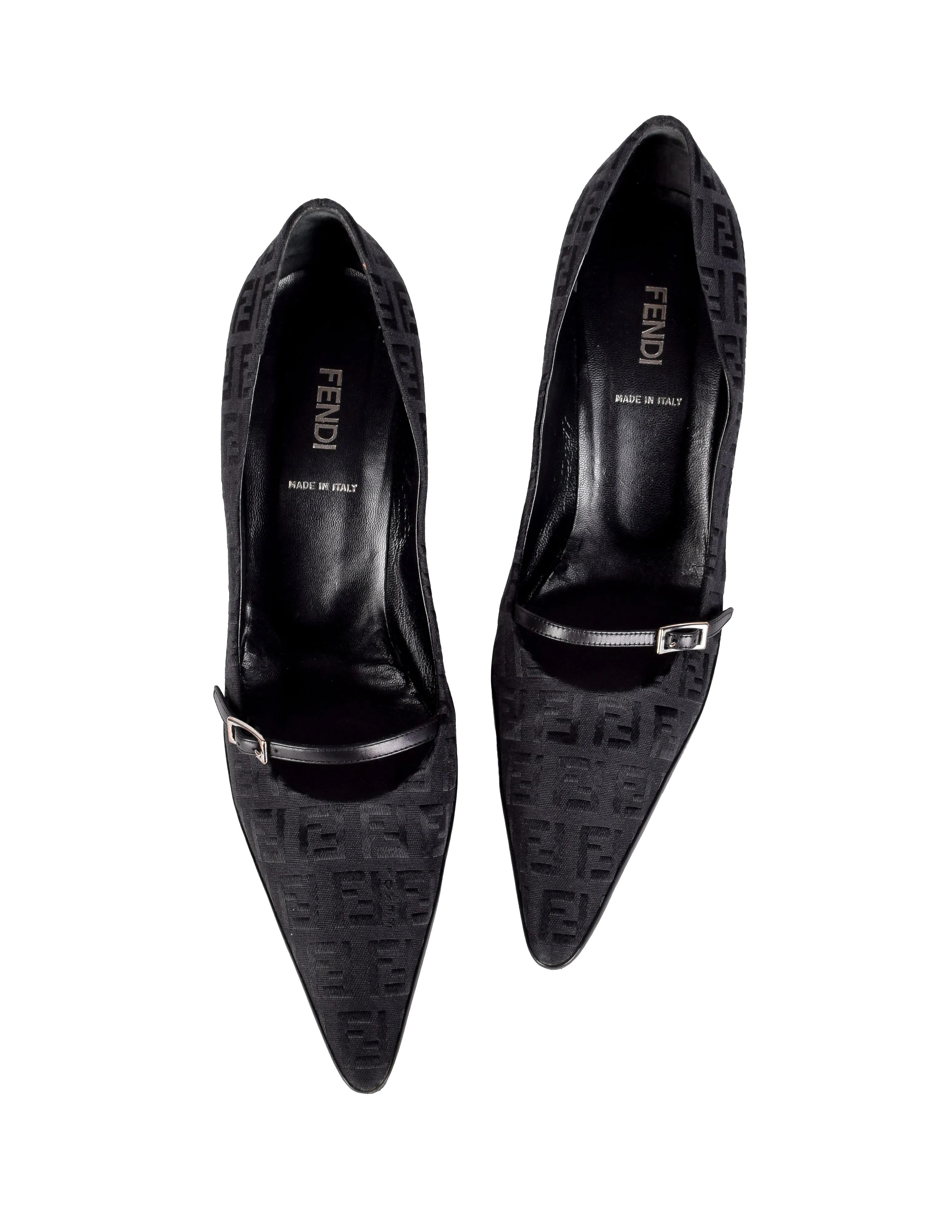 Fendi Vintage Black Zucchino Logo Fabric and Leather Mary Jane Heels