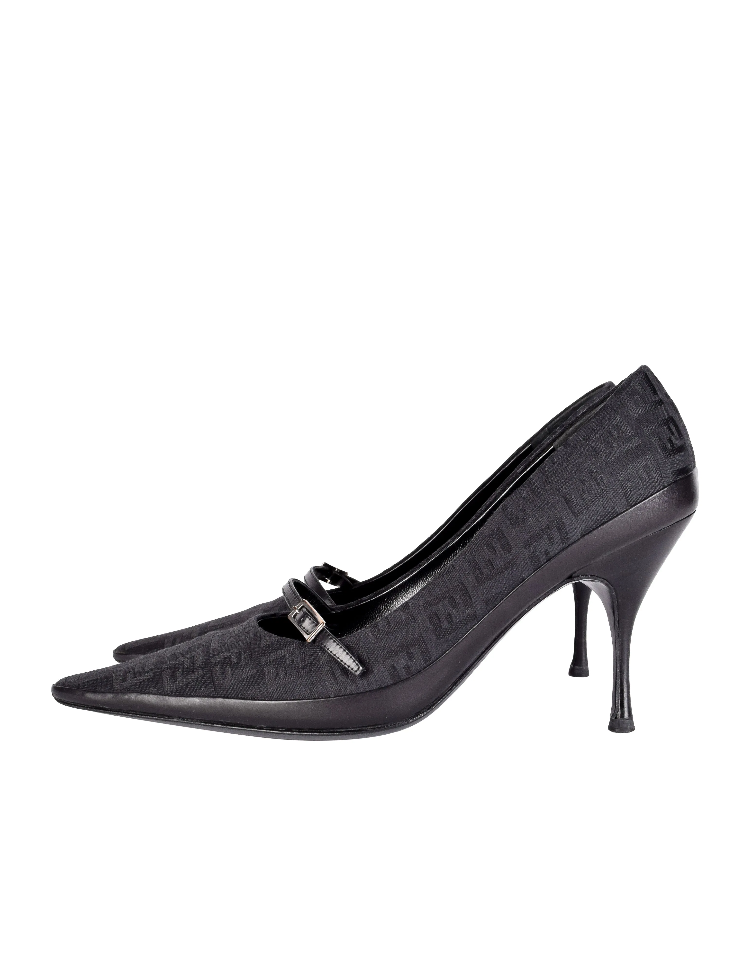 Fendi Vintage Black Zucchino Logo Fabric and Leather Mary Jane Heels