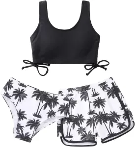 Girl's 3 Piece Bikini Bathing Suit Printed Sport Swimsuits with Shorts Cove Up Sets Teen Girl's Swimwear