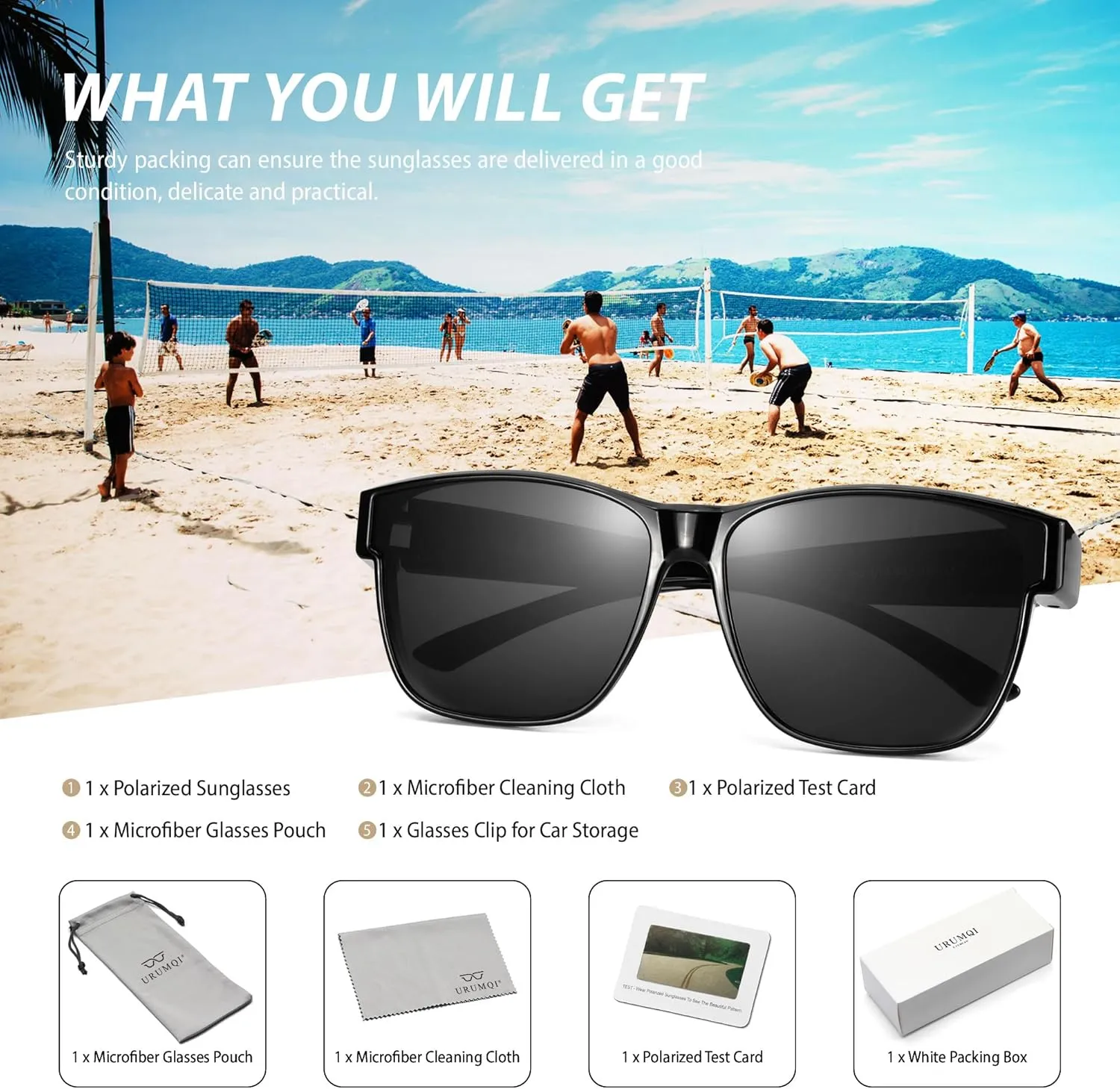 URUMQI Polarized Sunglasses Fit Over Glasses for Men Women, Oversized Square Sun Glasses UV400 Protection Shades